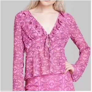 Wild Fable Women’s Bell Sleeve Tie Front Pink Geo Dot Blouse Size Medium